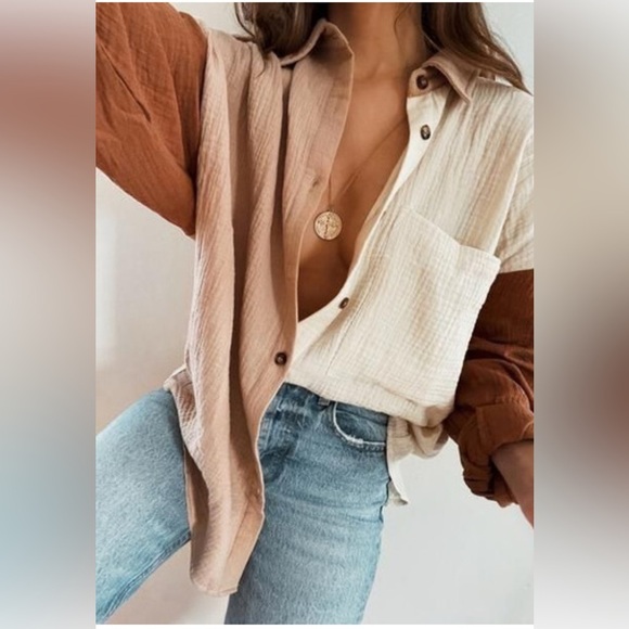 Cream and Tan Button-Up Shirt - Picture 1 of 5